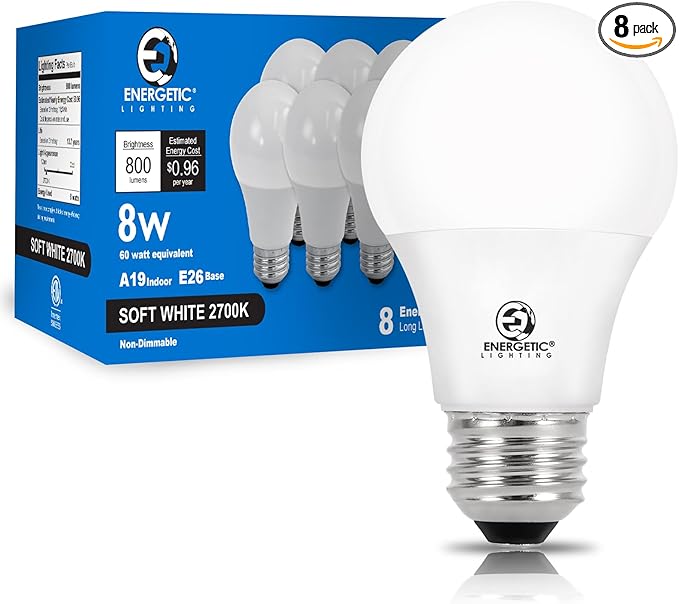 E ENERGETIC LIGHTING Light Bulbs 60 Watt Equivalent, A19 Soft White LED Light Bulbs, 15000 Hrs E26 Base, 8W-9W 760LM-800LM 2700K Light Bulb, ETL/UL Listed, Non-Dimmable, 8-Pack