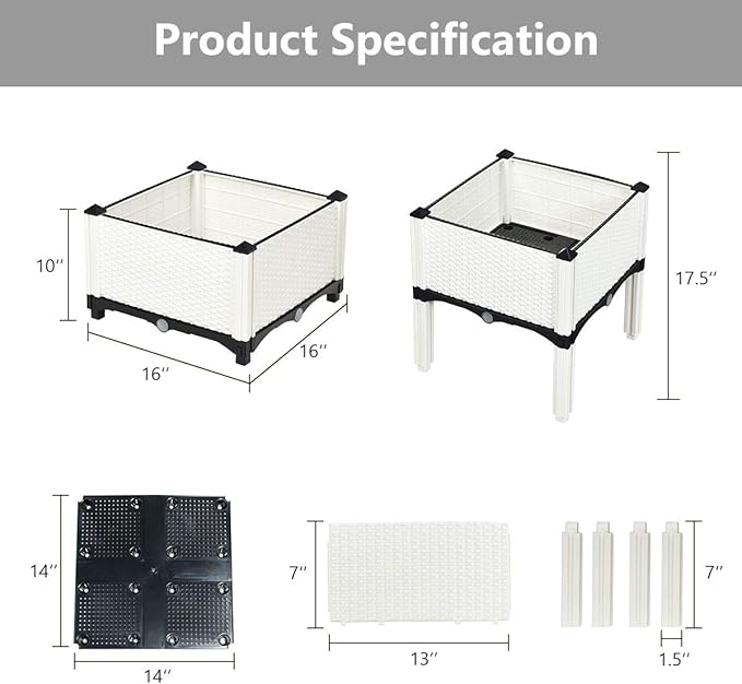 S AFSTAR Raised Garden Bed Kit Set of 4, Elevated Planter Boxes with Self-Watering Design & Removable Legs, Outdoor Plastic Planter Box for Patio Yard Balcony Gardening, Rattan Pattern (White)