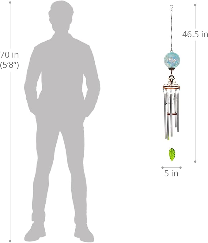 Wind Chimes, Solar LED Outdoor Garden Lighting, Light Blue Glass and Metal Wind Chime Lawn and Yard Decoration with Bronze Metal Finial, 5 x 46.5 Inch