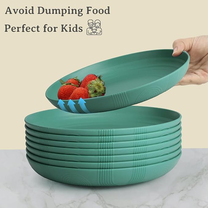 Wheat Straw Plates - 9 Inch Unbreakable Dinner Plates Set of 8 - Dishwasher & Microwave Safe Plastic Plates Reusable for Kitchen and Camping (Green)