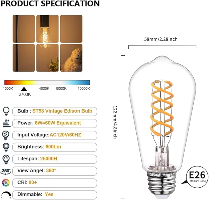 BORT Dimmable Edison Bulbs, 6W Equivalent to 60W Vintage LED Bulbs, E26 2700K ST58/ST19 - Flexible Spiral Filament - Clear Plastic Screw - 6Pack