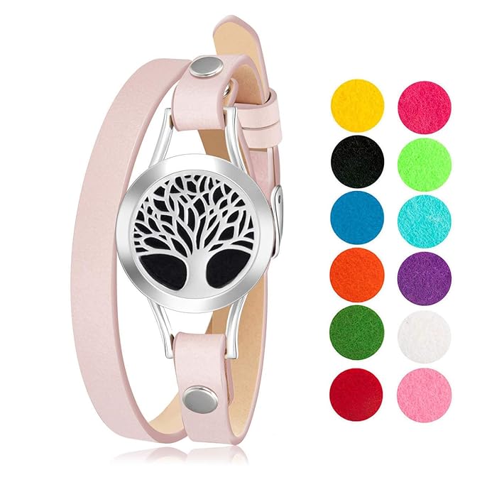 Wild Essentials Tree of Life Essential Oil Bracelet Diffuser, Leather Wrap Band, Stainless Steel Locket Pendant, 12 Color Refill Pads, Customizable Color Changing Perfume Jewelry, Aromatherapy, Pink