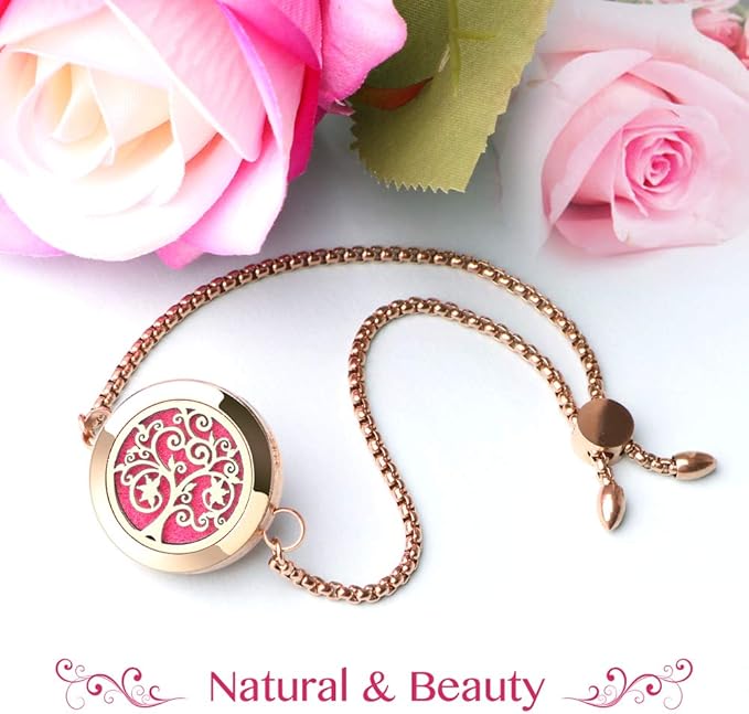 ttstar Essential Oil Diffuser Bracelet Stainless Steel Aromatherapy Locket Adjustable Bracelet Set with 24 Refill Pads in 12 Assorted Colors, Gifts Set for Women(Rose Gold)