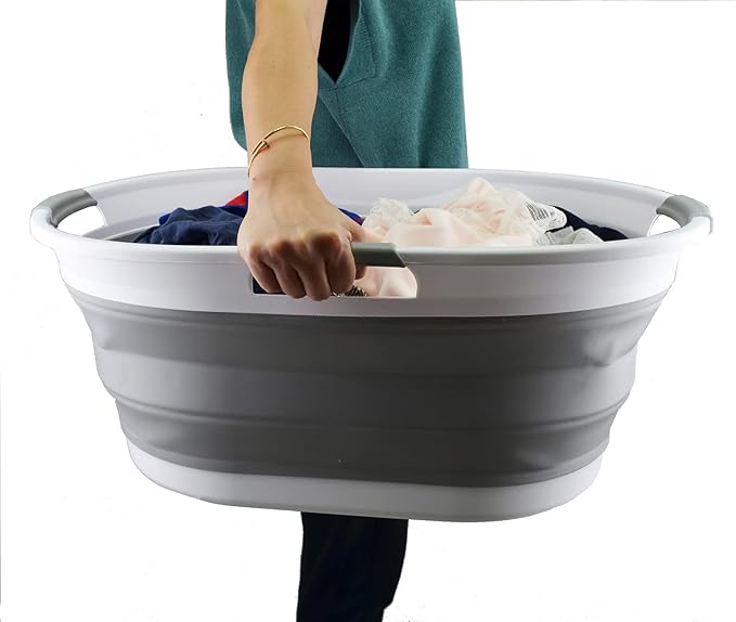 SAMMART 44L Collapsible Plastic Laundry Basket - Foldable Pop Up Storage Container/Organizer - Portable Washing Tub - Water Capacity: 35L(1, White/Grey), Size : 25.4 x 17.8 x 10.6 inches
