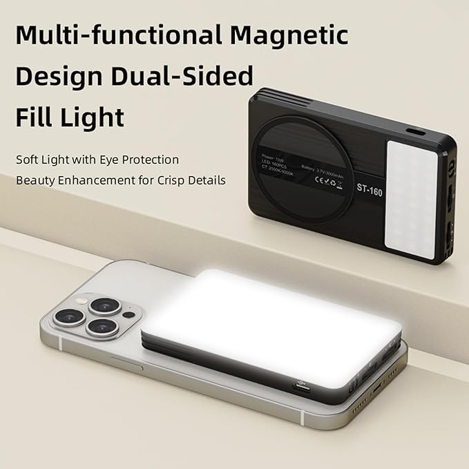 Magnetic Phone Light - 3 Color Temperature, 160 LED Selfie Light with Clip for Phone, Camera, Laptop, iPad, 3000mAh Portable Video Light for TikTok/Vlog,/Zoom Calls,/Makeup (Black)