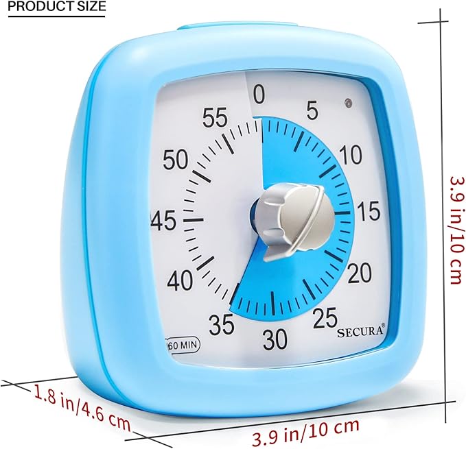 Secura 60-Minute Visual Timer, Silent Study Timer for Kids and Adults, Time Clocks, Time Management Countdown Timer for Teaching (Blue)