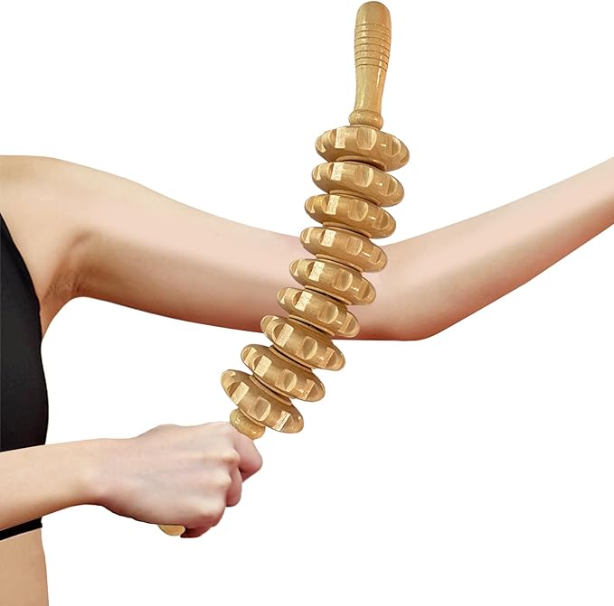 Manual Massage Stick, Curved Wooden Handheld Roller Trigger Point Massager for Fascia, Cellulite, Muscle & Abdomen, Body Therapy Massager, Belly Relief Tool, White