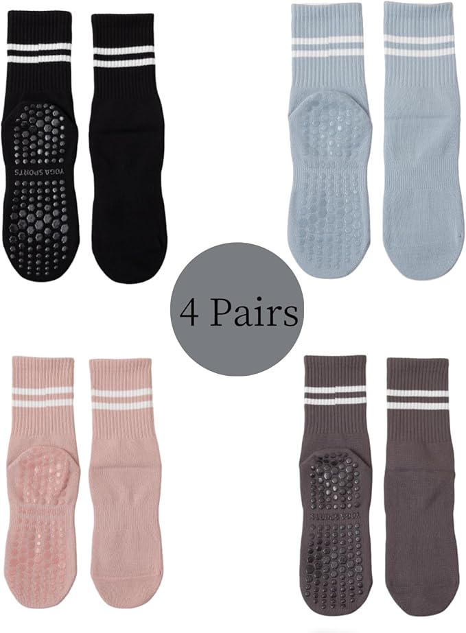 Yoga Socks with Non-Slip Grips for Women - 4 Pairs Pilates, Barre, Gym, Dance Workout Anti-Skid Socks