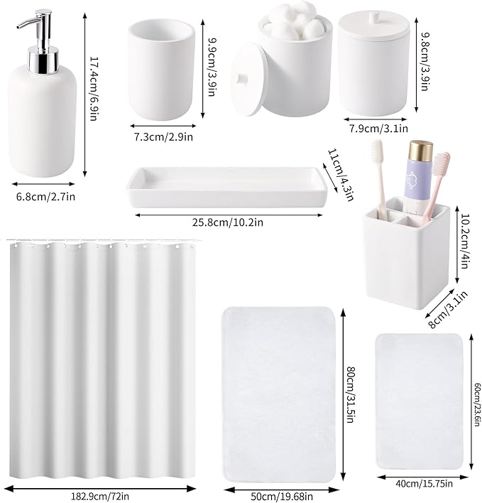 21 Pcs Bathroom Accessory Set with Waterproof Shower Curtain and Non Slip Mat,Resin Bath Set with Toothbrush Holder and Lotion Soap Dispenser,Bathroom Countertop Organizer Set for Home Apartment