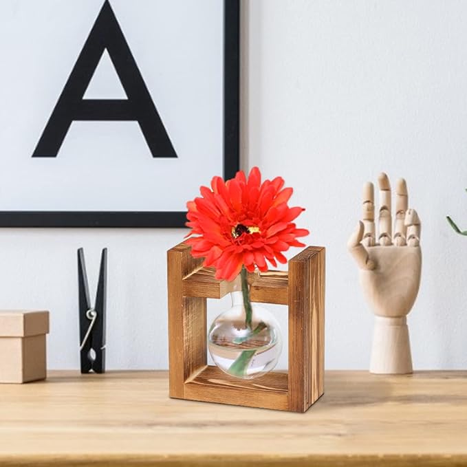 Kingbuy Glass Plant Terrarium - 1 Bulb Propagation Station with Retro Wood Stand Indoor Garden Planter, Bulb Vase & Desktop Decor for Home Kitchen Wedding, Gift for Women & Plant Lover