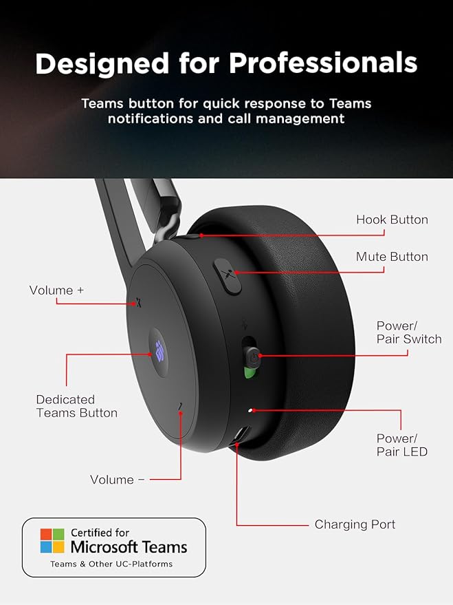 Lenovo Wireless VoIP Headset Teams Certified, Noise-Canceling Mic, Bluetooth 5.3 Multipoint, USB-A Receiver, 31-Hour Talk & 60-Hour Playback, Lightweight Over-Ear Design, Replaceable Earcups