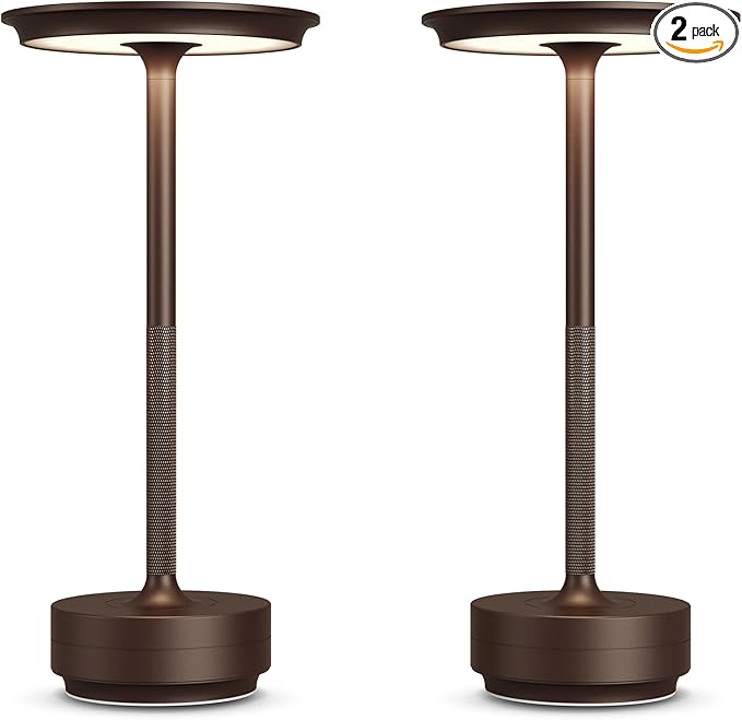 2 Pack Rechargeable Cordless Table Lamps, Portable 5000mAh LED Table Light, 3 Color Stepless Dimming Battery Powered Metal Table Lamp for Outdoo/Restaurant/Home/Patio.(Brown)
