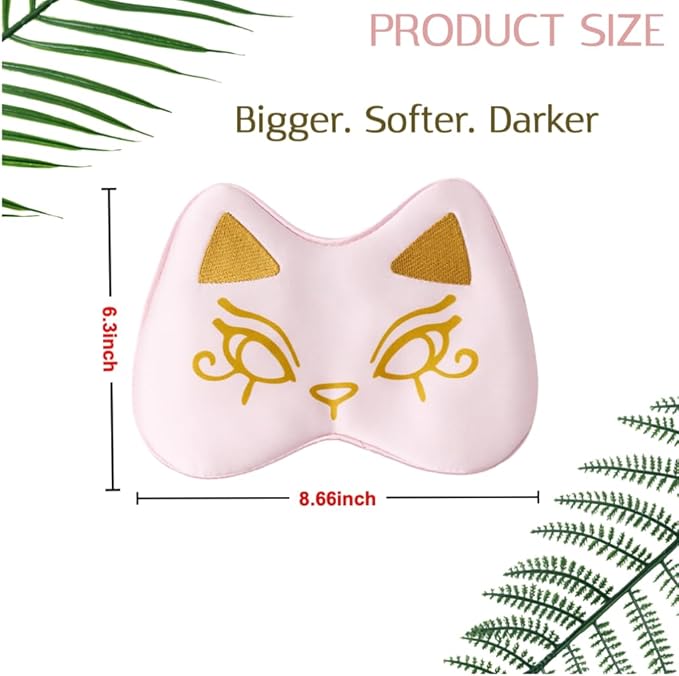 Silk Sleep Mask Blindfold Eye Mask for Sleep Cute Cat Print Embroidered Eye Cover Adjustable Oversized Egyptian Bastet with Gift Box&Pouch（Hathor Blush-Elastic Strap）