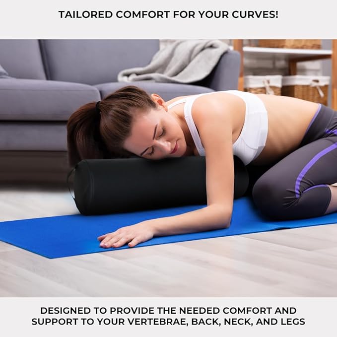 ForPro Full Round Bolster Pillow, Black, Oil and Stain-Resistant, for Massage and Yoga, 6” R x 26” L