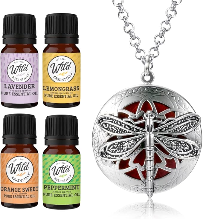 Wild Essentials Dragonfly Necklace Essential Oil Diffuser Kit with Lavender, Lemongrass, Peppermint, Orange Oils, 12 Refill Pads, Calming Aromatherapy Gift Set, Customizable Color Changing, Perfume