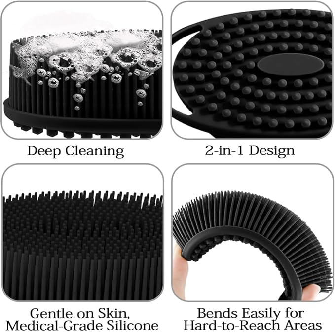 2 Pack Silicone Body Scrubber with Loofah Exfoliating Soft Body Shower Scrubber for Body, 2 in 1 Bath and Shampoo Wash Brush for Skin Exfoliation Men Women (Purple&Black)