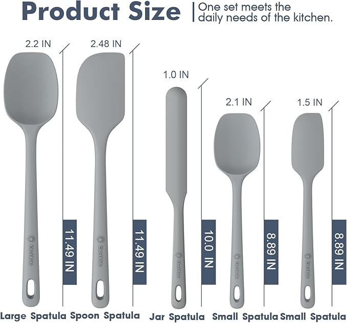 5 Pieces Silicone Spatula Set, Food Grade Rubber Spatula, Upgrade Strong Handle with Ergonomic Grip, Heat Resistant Up to 600°F for Nonstick Cookware, Cooking Gray
