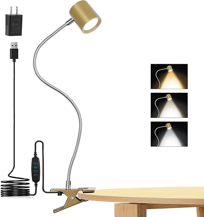 3 Modes & 10 Brightness Clip-on Reading Light - Desk Lamp with Memory Function & 360 Gooseneck Clamp for Bed Headboard
