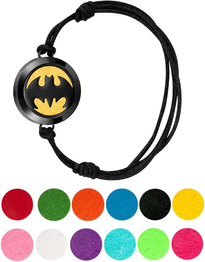 Wild Essentials Black Chrome Bat Essential Oil Diffuser Bracelet, Stainless Steel Aromatherapy Locket, Adjustable Nylon Band with 12 Color Pads, Jewelry Gift Set
