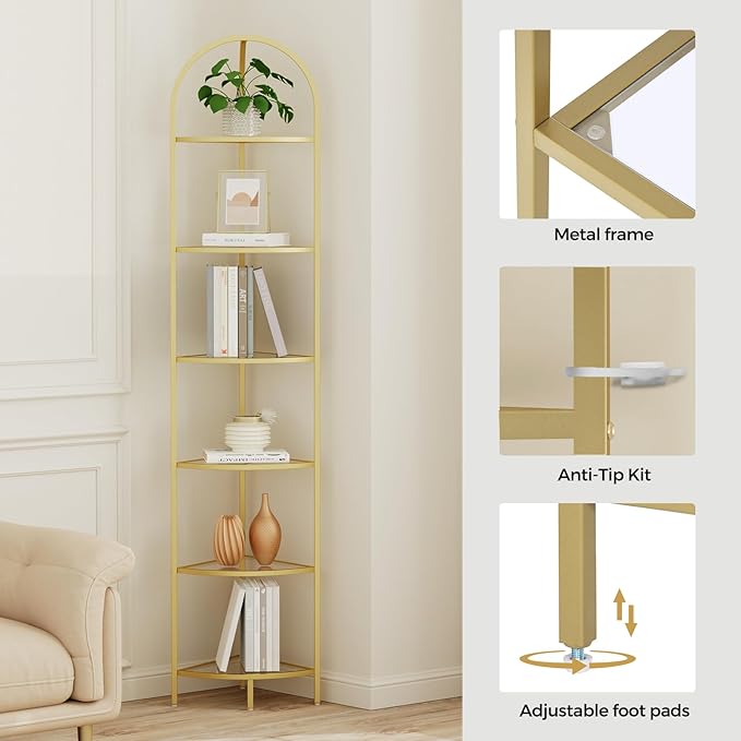 Homhedy 6-Tier Corner Shelf Stand, Metal Corner Bookshelf, Tempered Glass Shelves, Bathroom Storage Rack Shelf, Plant Stand, Modern Style, Golden