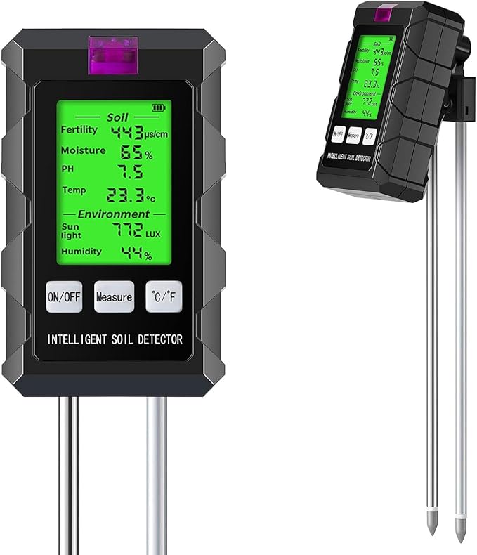 6-in-1 Soil Moisture Meter/Soil Moisture/PH Meter/Temperature/Sunlight/Fertility/Environmental Soil Tester for Farming, Gardening, Lawns and Outdoor Plants (2*AAA Battery Needed)