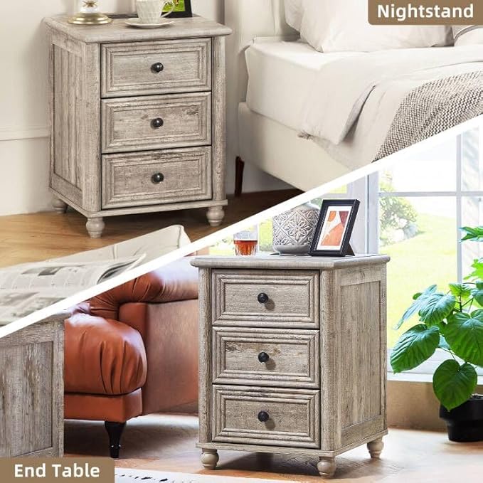 18" Farmhouse Nightstand with Charging Station and USB Port, Grey Night Stand with 3 Drawers, Wood Bedside End Table with Storage, Bed Side Tables for Bedroom Living Room and Closet