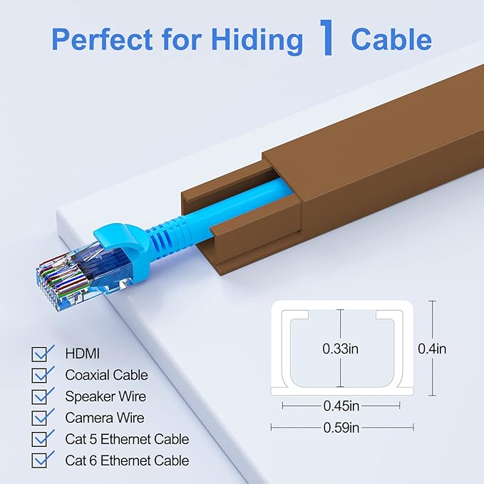 Yecaye Brown Cord Hider, One-Cord Channel Cord Cover on Wall, Cable Management Kit, Wire Covers for Cords, Cable Raceway,W0.59in H0.4in, Brown