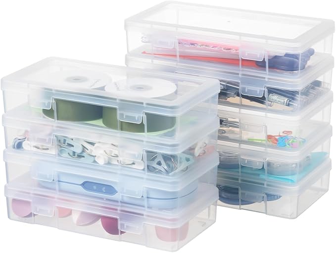 novelinks Stackable Plastic Clear Storage Box Containers with Latching Lid - Art Craft Supply Organizer Storage Containers for Pencil Box, Crayon, Beads, Jewelry (9 Pack Medium -Clear)
