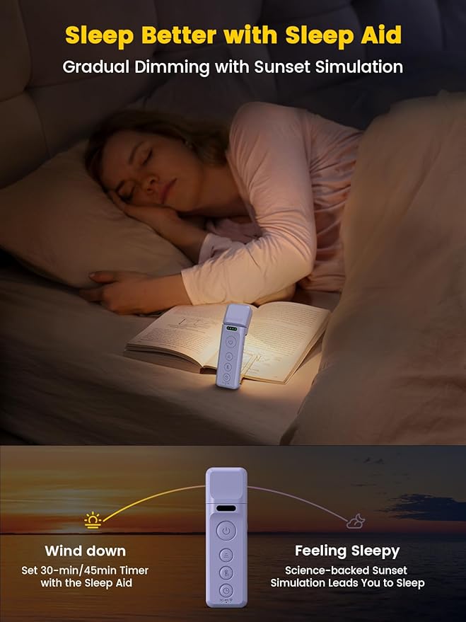 Glocusent Book Lights for Reading at Night, Rechargeable Reading Light with Sleep Aid & Timer, 5 Brightness & 3-Color Book Lamp for Reading in Bed, Night Reading Light for Book with a Travel Lock