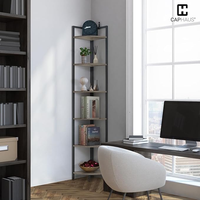 CAPHAUS 6-Tier Corner Shelf, 71.1-Inch Tall Corner Bookshelf with Metal Frame, Round Corner Shelf Unit for Bathroom, Living Room, Home, Office, Dark Grey