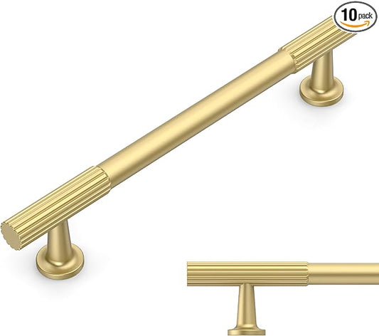Amerdeco 10 Pack Brushed Gold Cabinet Pulls 5 Inch(128MM) Hole Centers Kitchen Cabinet Handles Hardware Kitchen Handles for Cabinets Cupboard Handles Drawer Pulls ZH0071