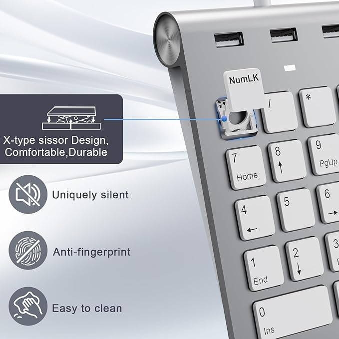 Wired Numeric Keypad with USB A/USB C, Multifunction Keys Number Pad with 3 Additional USB 2.0 Ports, 18 Keys, 15° Ergonomic Programmable Numeric Pad for Laptops, Notebooks, and Desktops