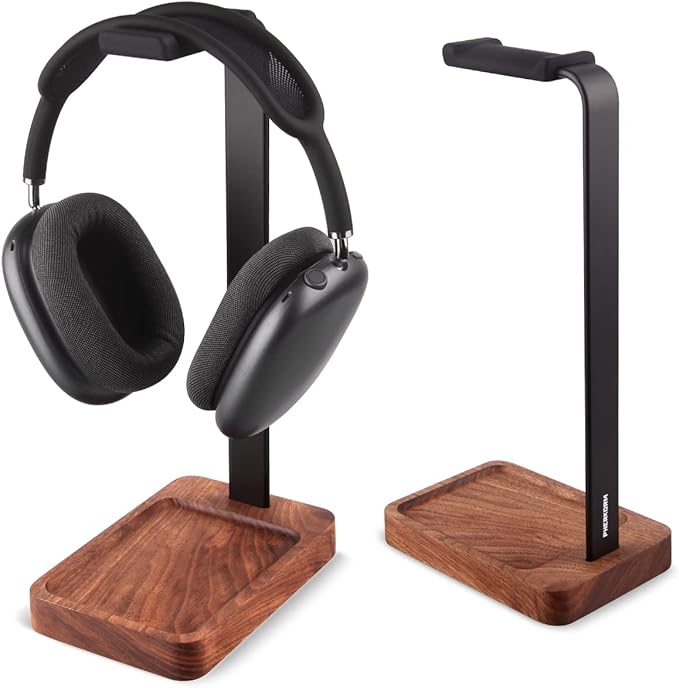 Walnut Wood & Aluminum Headset Holder, Desktop Headphone Stand, Universal headphone holder for most music gaming headsets - Black Walnut