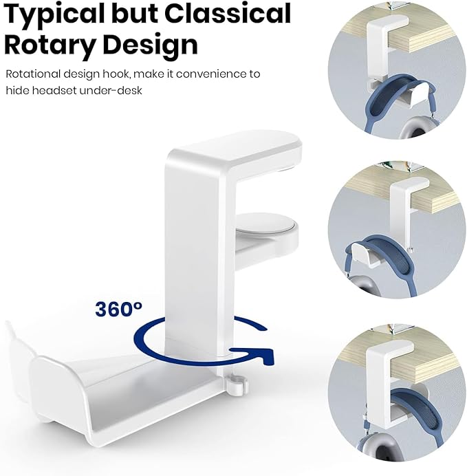 Rotating Headphone Stand - EURPMASK PC Gaming Headset Stand, Adjustable Clamp-on Headphone Holder, Headphone Hanger Hook Under Desk with 360 Degree Swivel&Cable Clip Organizer - White, 2 Pack