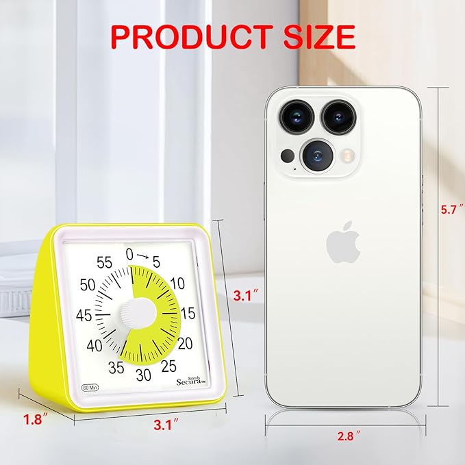 Secura 60 Minute Essential Visual Timer for Kids, Countdown Clock Timer for Special Education, Classroom, School, Desk, Home, Office, Silent Non-Ticking Time Management Tool (Yellow & Yellow)