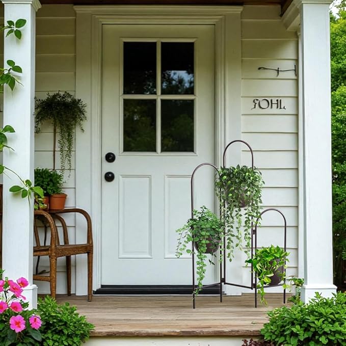 TRIROCKS Metal Plant Stand Indoor Outdoor, 3 Tier 35" H Corner Plant Pot Stand for Multiple Plants, Folding Space-Saving Planter with Stand for Living Room Balcony Patio Garden（Brown ）