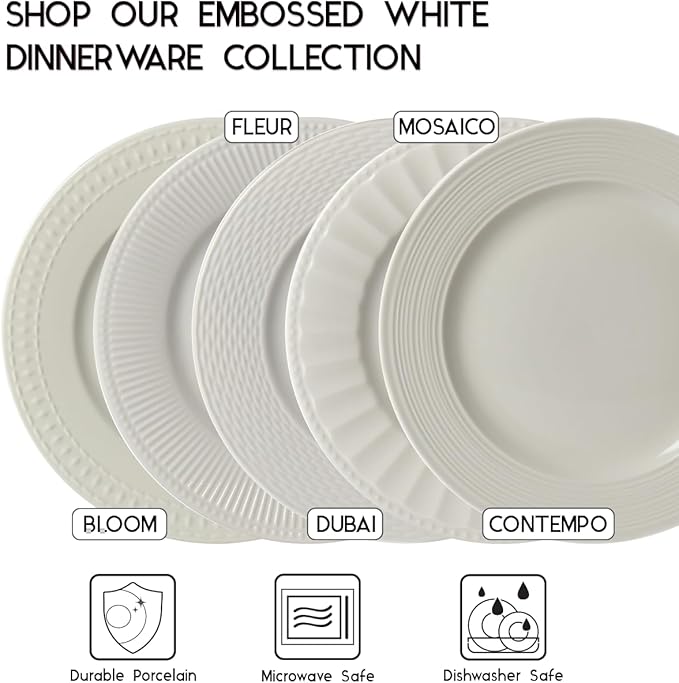 Tabletops Gallery Embossed Bone White Porcelain Round Dinnerware Collection- Chip Resistant Scratch Resistant, Fleur 16 Piece Dinnerware Set (Dinner Plate, Salad Plate, Cereal Bowl, Mug)
