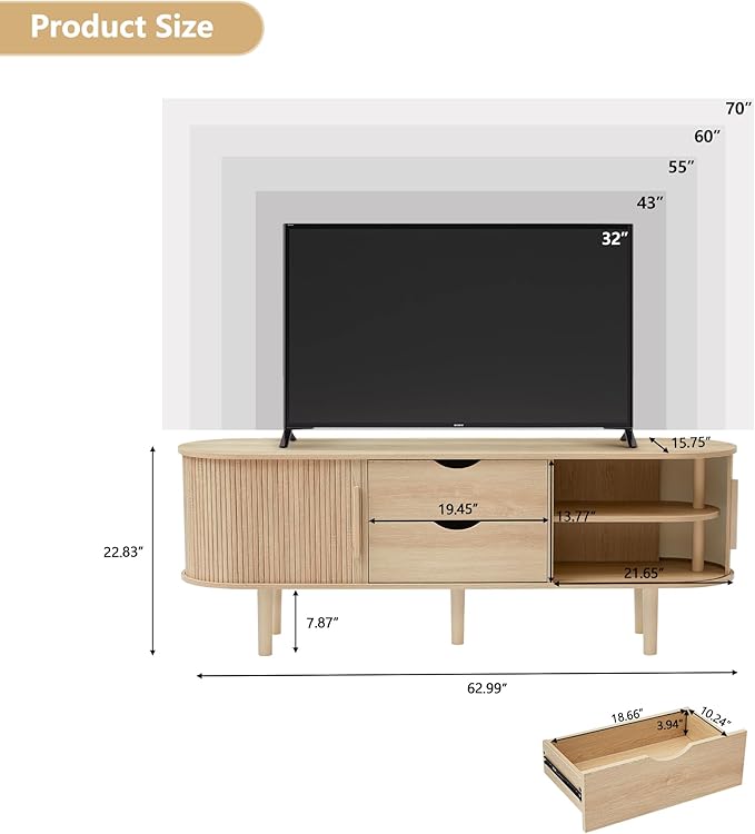 TV Stand, Media Console Table with Sliding Door and 2 Drawers, Modern Entertainment Center with Storage for Living Room, Bedroom, Home Office (Natural with 2 Drawers)