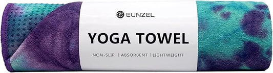 Eunzel Hot Yoga Towel - Microfiber Non Slip Yoga Mat Towel with Grip Dot Sweat Absorbent Towel for Hot Yoga, Pilates and Fitness 72" x 24", Green & Purple/Purple