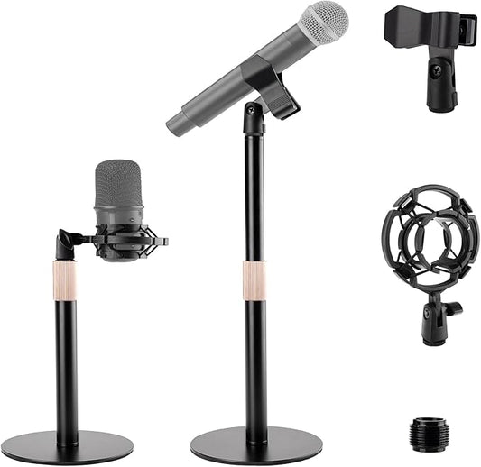 Desk Microphone Mic Stand, Adjustable Height Table Microphone Stand with Universal and Shock Mount Mic Clip, one 3/8"-16 Female to 5/8"-27 Male Adapter for Blue Yeti/BlueSnowball/SoloCast