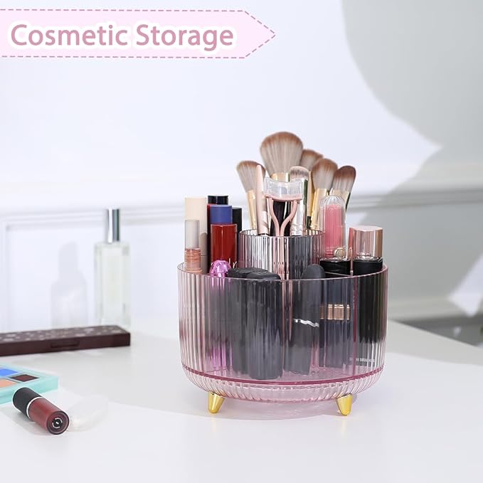 SKYDUE Rotating Pencil Pen Holder, Pen Organizer with 5 Slots - Aesthetic Desk Organizer and Accessories for School, Home, Office Supplies, Clear Pink