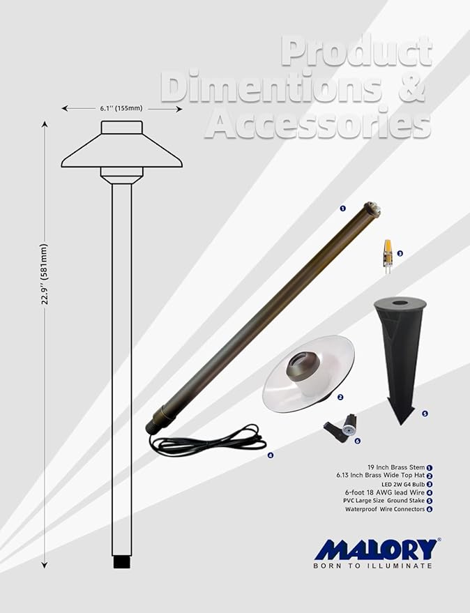 MALORY Low Voltage Pathway Lights Brass 4-Pack,(22.9''H) 12V Landscape Path Lighting, Outdoor Garden Lights with 2W 2700K LED G4 Bulb for Walkway Driveway Patio Yard & Lawn(P01)