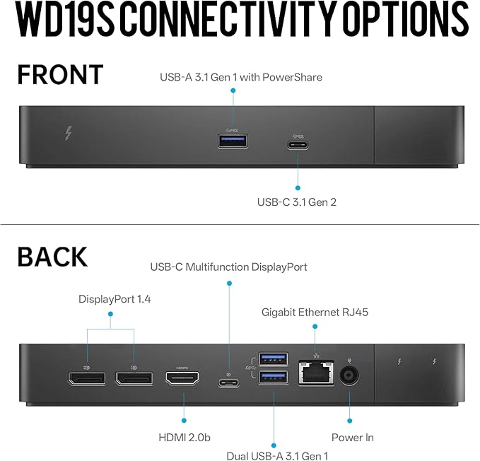 Dell WD19S 180W Docking Station, Performance Dock WD19S - 3 Year Warranty, with 180W Power Adapter + 130W Power Delivery + HDMI Cable + DisplayPort Cable + USB-C Cable, New