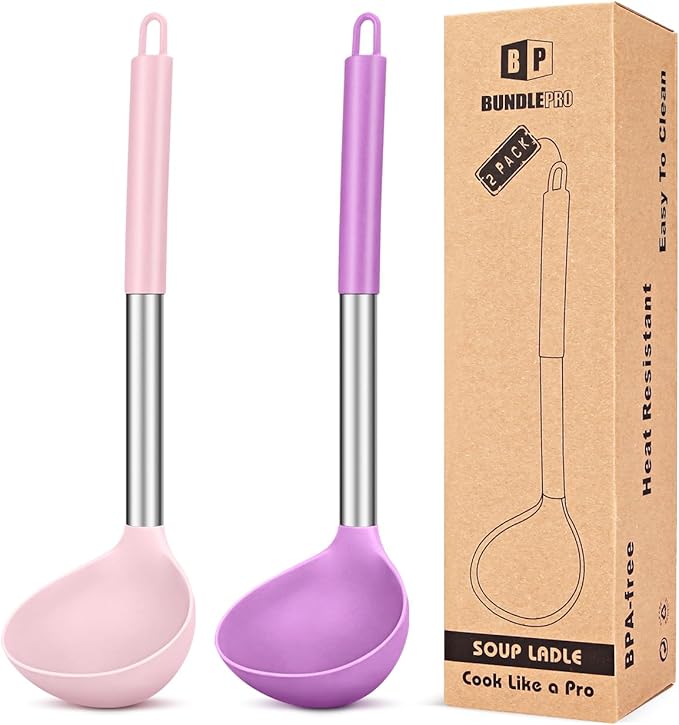 Pack of 2 Ladle Spoon,Silicone Large Spoon for Soup,Non Stick Kitchen Utensils with High Heat Resistant,BPA Free Perfect Kitchen Tools for Cooking, Stirring,Serving Soups (PINK-PURPLE)