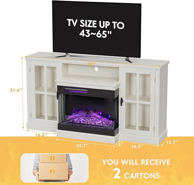 JUMMICO Fireplace TV Stand for TVs up to 65'', 3-Sided Glass Media Entertainment Center Console Table with Cabniet Storage Adjustable Flame LED Color for Living Room (Distressed White)