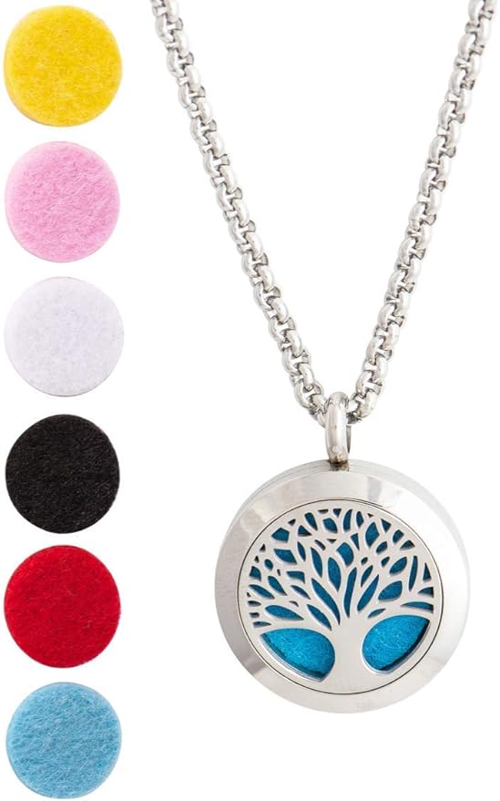 Wild Essentials Tree of Life Essential Oil Diffuser Necklace, Stainless Steel Locket Pendant with 24 inch Chain, 12 Color Refill Pads, Customizable Color Changing Perfume Jewelry for Aromatherapy