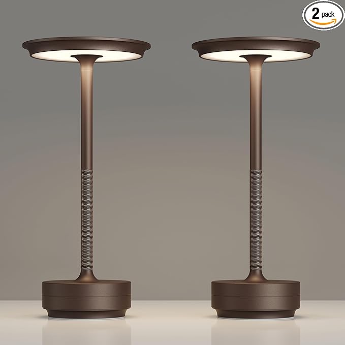 2 Pack Rechargeable Table Lamps Cordless, Portable 5000mAh Outdoor Table Light, 3 Color Stepless Dimming LED Table Lamp with Memory Function, for Home/Dinner/Patio/Restaurant.(Brown)