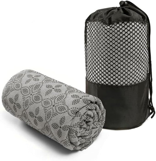 Yoga Towel, Hot Yoga Mat Towel - Sweat Absorbing Non-Slip for Hot Yoga, Pilates and Workout, 24x72 inches with Upgraded Clover-Shaped Grip Dots (Grey)