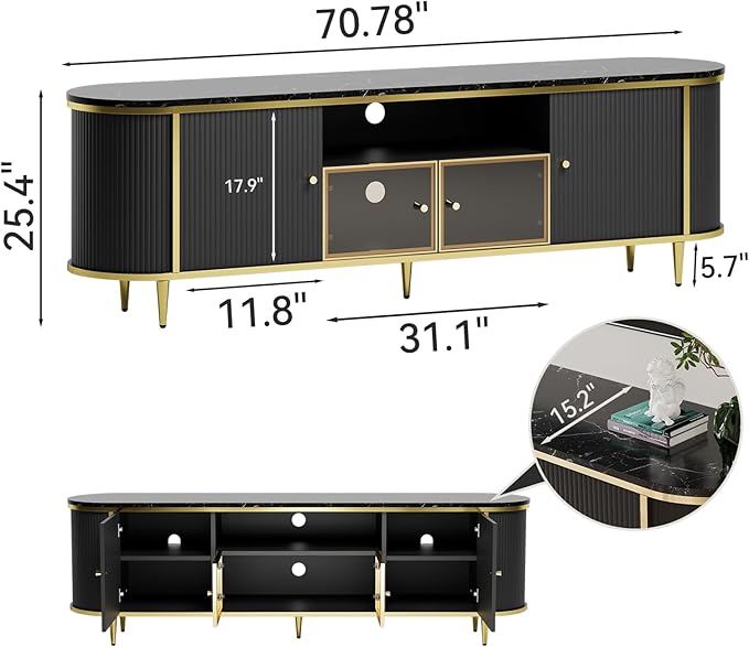 Luxury 70" Fluted TV Stand, Modern Entertainment Center for TVs Up to 80”, TV Console with Faux Marble Tabletop, Curved Profile Design, Media Console for Living Room, Black