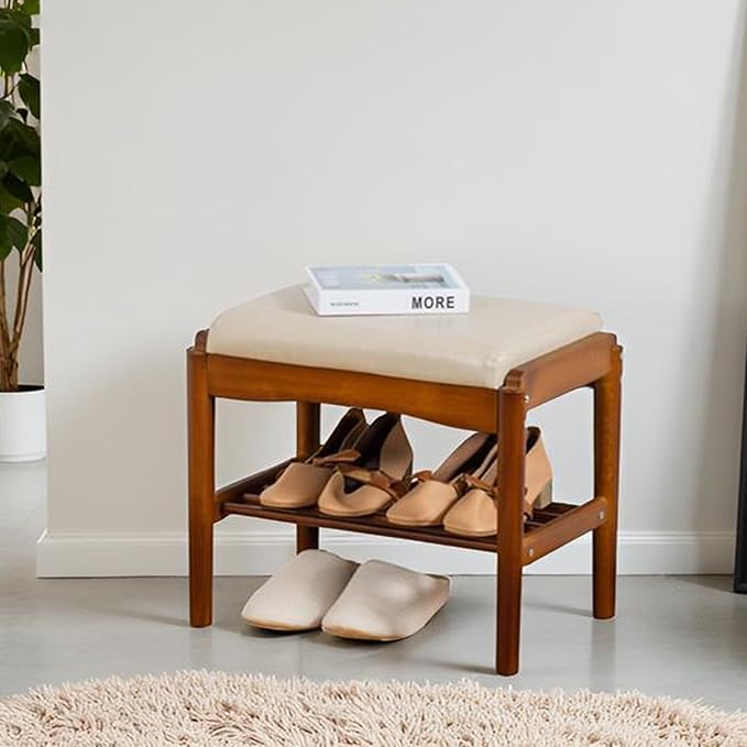 latifolia Small Shoe Bench, Solid Wood Bench with Cushion, 2 Tier Shoe Storage Organizer for Entryway(Walnut,17.71''L)